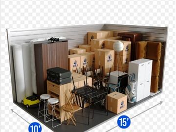 A 10x15 storage unit filled with furniture and boxes.