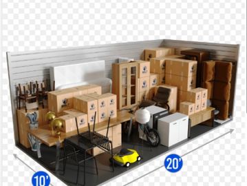 Storage unit filled with furniture and boxes, measuring 10 by 20 feet.