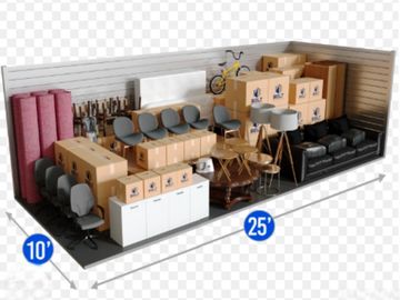 A 10x25 storage unit filled with furniture and boxes neatly arranged.