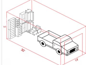 3D diagram of a 14x30x14 storage space with a truck and storage units inside.