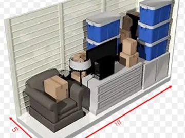 Storage unit packed with furniture, boxes, and bins, measuring 5x10 feet.