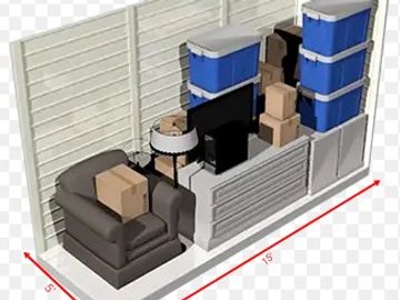 Storage unit filled with boxes, containers, and furniture.