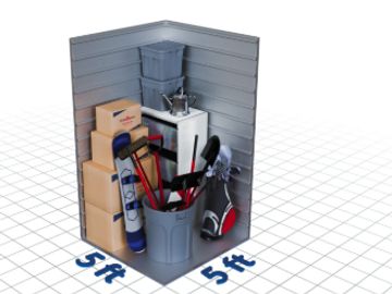 A 5x5 ft storage unit filled with boxes, sports equipment, and household items.