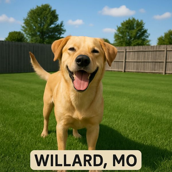 Dog in clean yard after pet waste removal service in Willard, MO and dog waste cleanup service.
