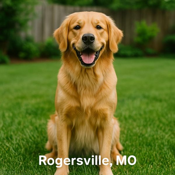 Dog in clean yard after dog poop removal and pet waste removal service in Rogersville, MO.