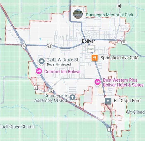 Map of Bolivar MO dog poop cleanup service and Bolivar MO dog poop pickup near Springfield MO