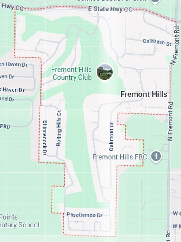 Map of Fremont Hills, MO dog poop cleanup service area and dog poop removal service in Fremont Hills