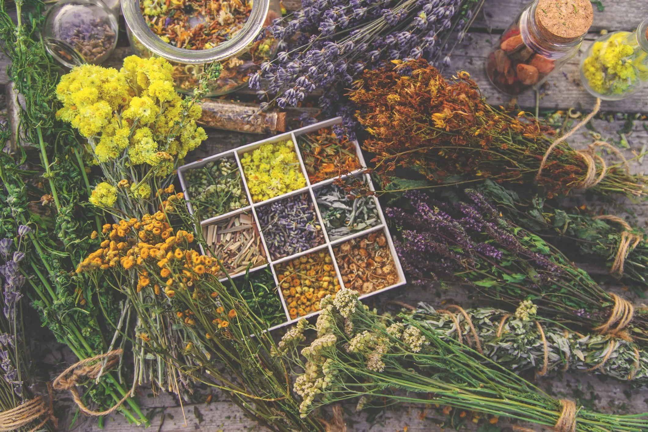 Herbs in bundles laying on a wooden table, with a square box of 9 other herbs.