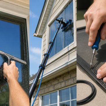 Window cleaning and repair tools in use on a house.