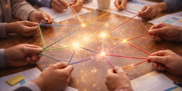 Hands connecting glowing threads in a network on a wooden table.