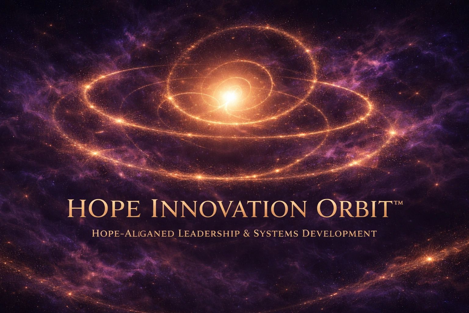 Cosmic-themed logo for Hope Innovation Orbit with glowing orbits and leadership tagline.
