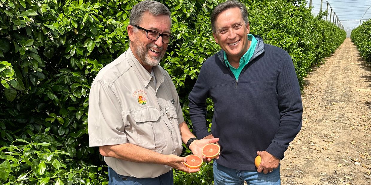 Two men smiling in an orchard, holding fresh citrus fruits.