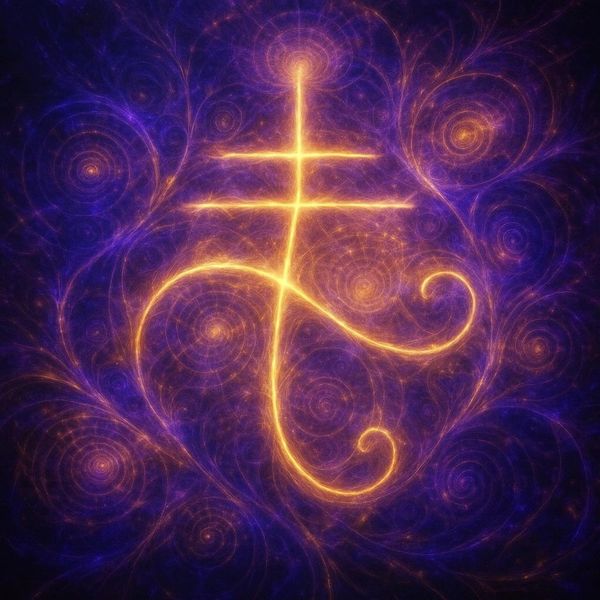 Glowing golden symbol with swirling purple blue background.