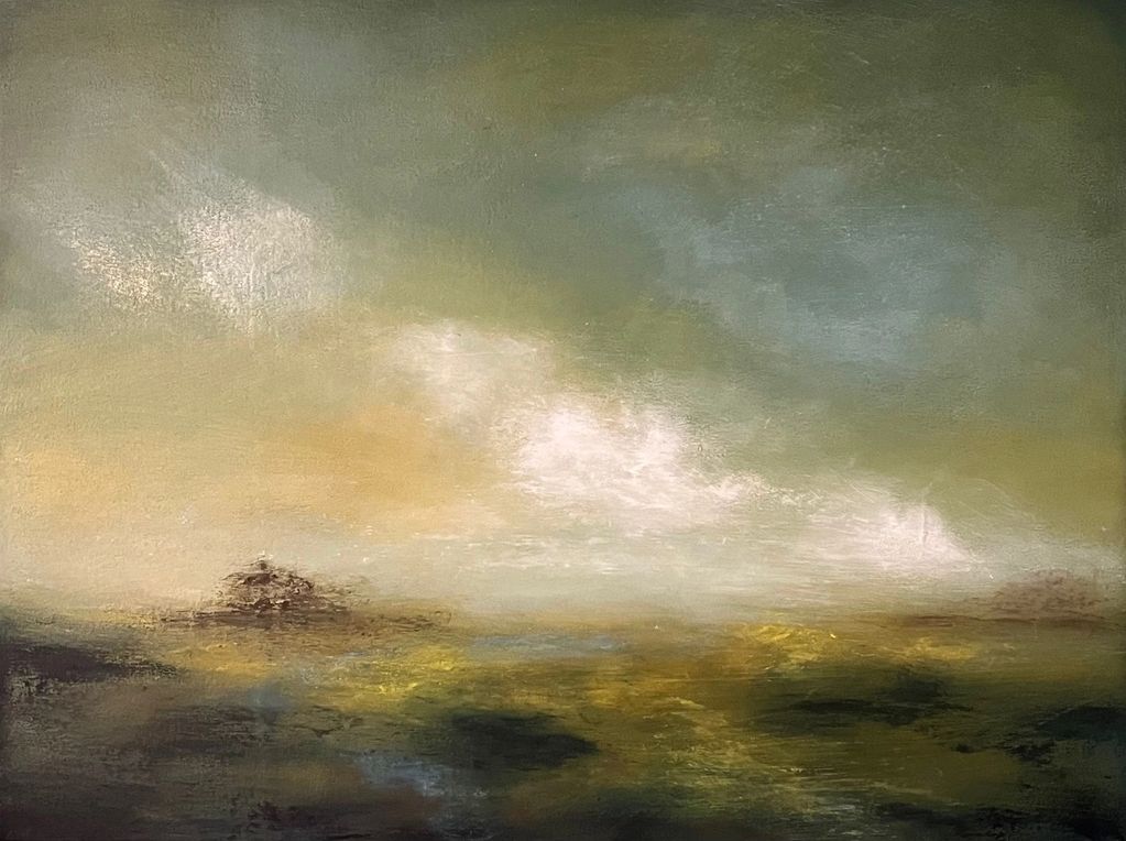 Impressionistic landscape with muted greens, yellows, and a soft cloudy sky.
