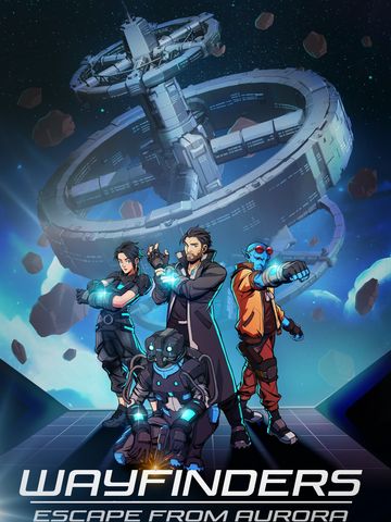 Four futuristic characters pose in front of a massive space station in the sci-fi game Wayfinders.