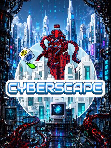 Futuristic cyber city with octopus tentacles and the word "CYBERSCAPE".