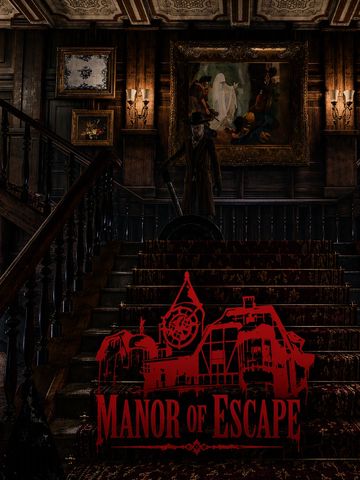 Dark, eerie mansion staircase with a mysterious figure and horror-themed logo.