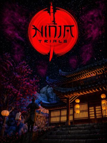 Ninja Trials logo above a traditional Japanese building at night.