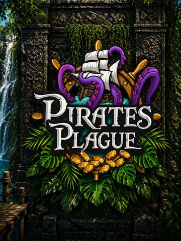 Pirates Plague logo with ship and tentacles on lush stone background.