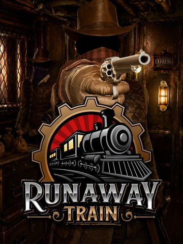A masked cowboy points a revolver with a runaway train logo.