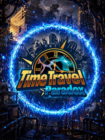 Time Travel Paradox logo with a glowing blue time vortex and a T-Rex in the background.