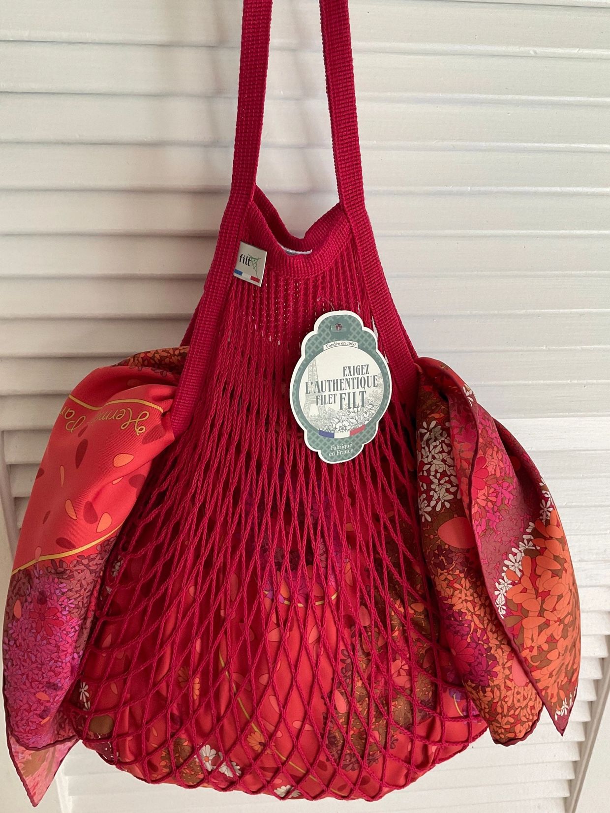 FILT French Market Cotton Net Bag in Red lined with a vintage French scarf.