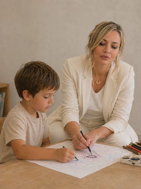 A woman and a boy coloring together at a table.