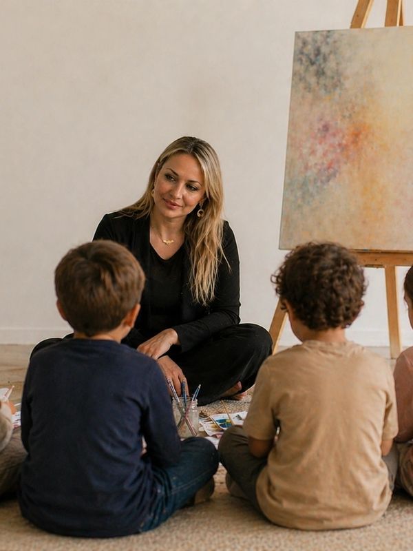 A woman attentively engages with children in an art class.