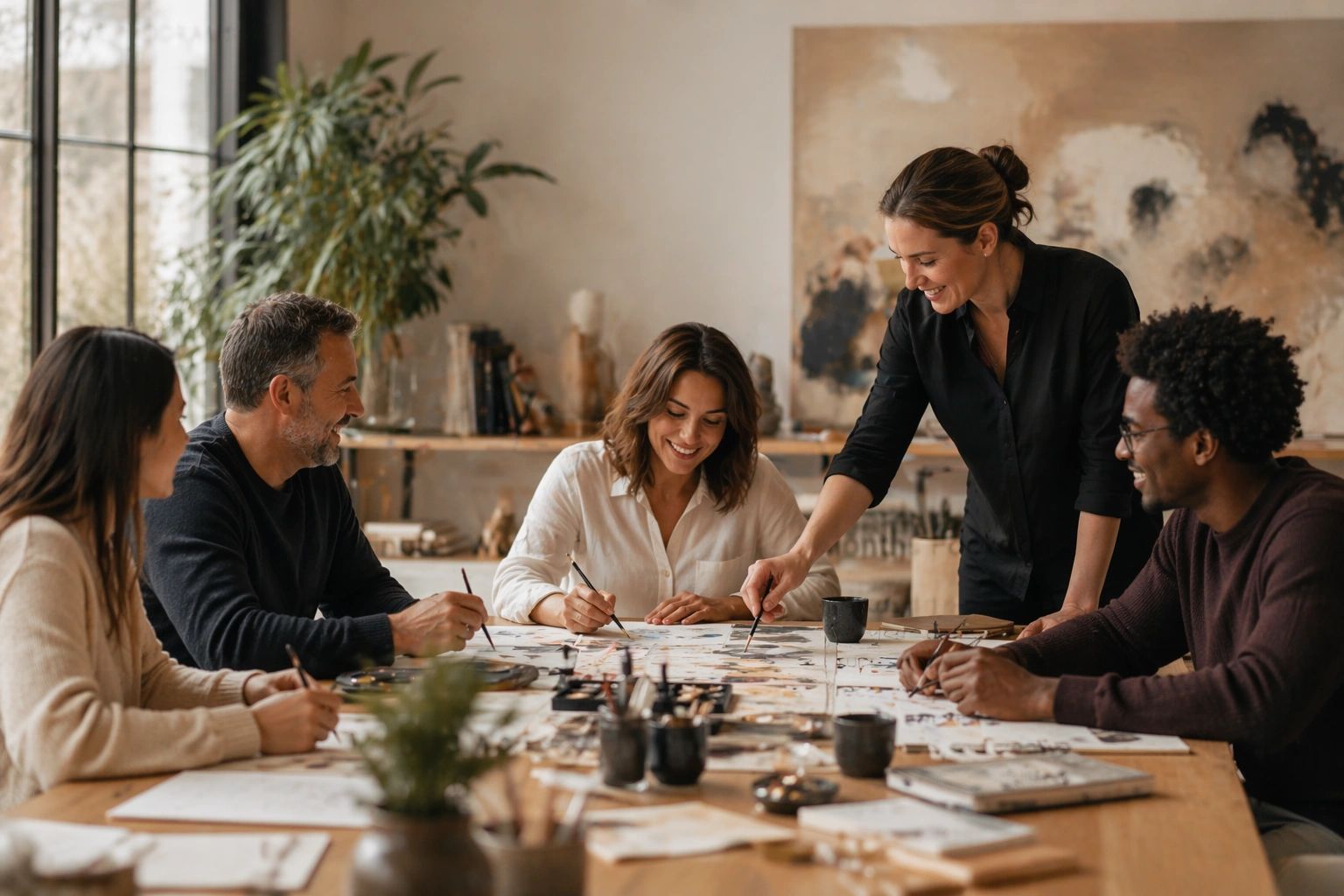 A group of adults enjoys painting together at a table in a cozy studio.