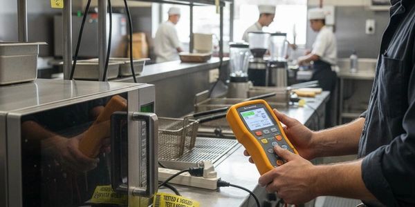 Technician using a handheld device to test kitchen equipment in a commercial kitchen.