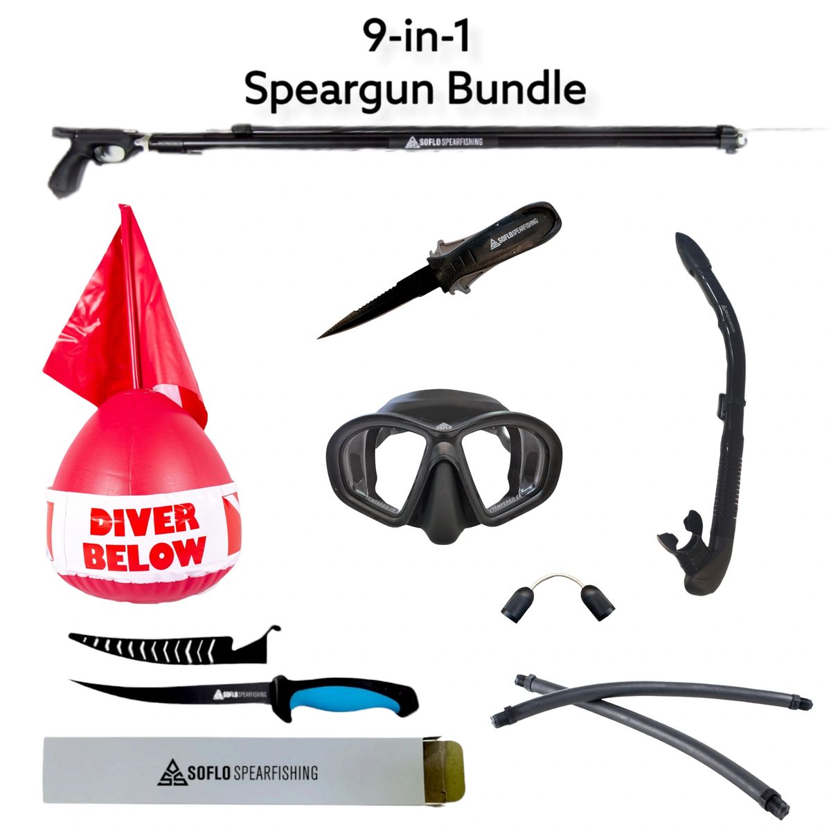 Spearfishing Bundle - 110 Euro Series Speargun & Dive / Fillet Knife,  Float, Flag, Mask & Snorkel