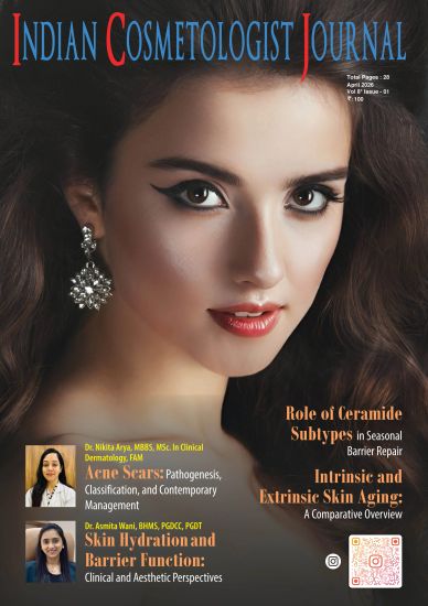 Cover of Indian Cosmetologist Journal featuring a close-up of a woman's face with makeup.