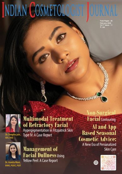 Cover of Indian Cosmetologist Journal featuring a woman with elegant makeup and jewelry.
