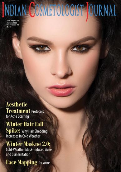 Close-up of a woman with flawless makeup on the cover of Indian Cosmetologist Journal.