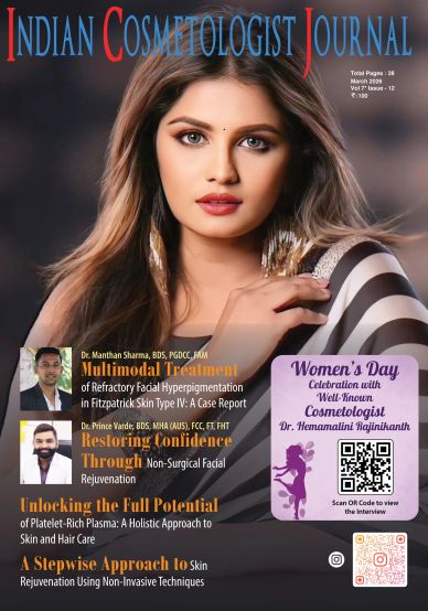 Cover of Indian Cosmetologist Journal featuring a woman and topics on advanced skin treatments.