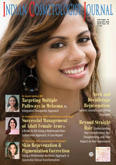 Cover of Indian Cosmetologist Journal featuring skin and hair care topics.