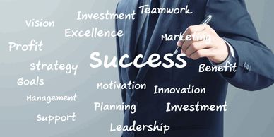 A man in a suit writing words on the screen, including "Success", "Strategy", "Planning", etc.