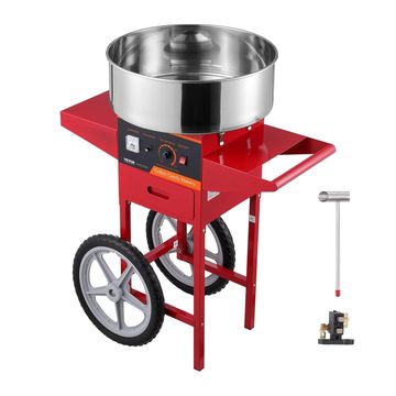 Red cotton candy machine with large wheels and accessories.