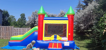 Colorful inflatable bounce house with slide in a sunny backyard.