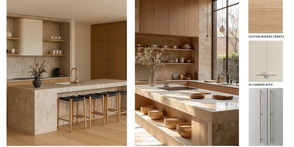 Modern kitchen with beige marble countertops and wooden cabinetry.