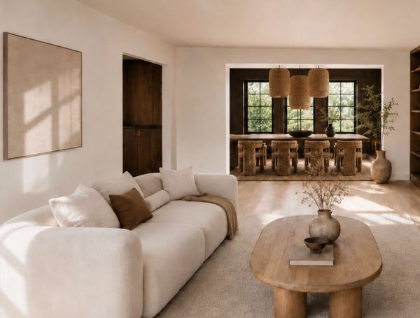 Cozy modern living room with fireplace and natural tones.
