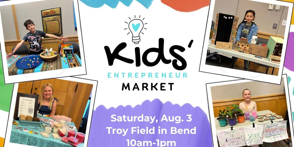 Photos of kids selling goods arranged around Kids Entrepreneur Market Logo and details