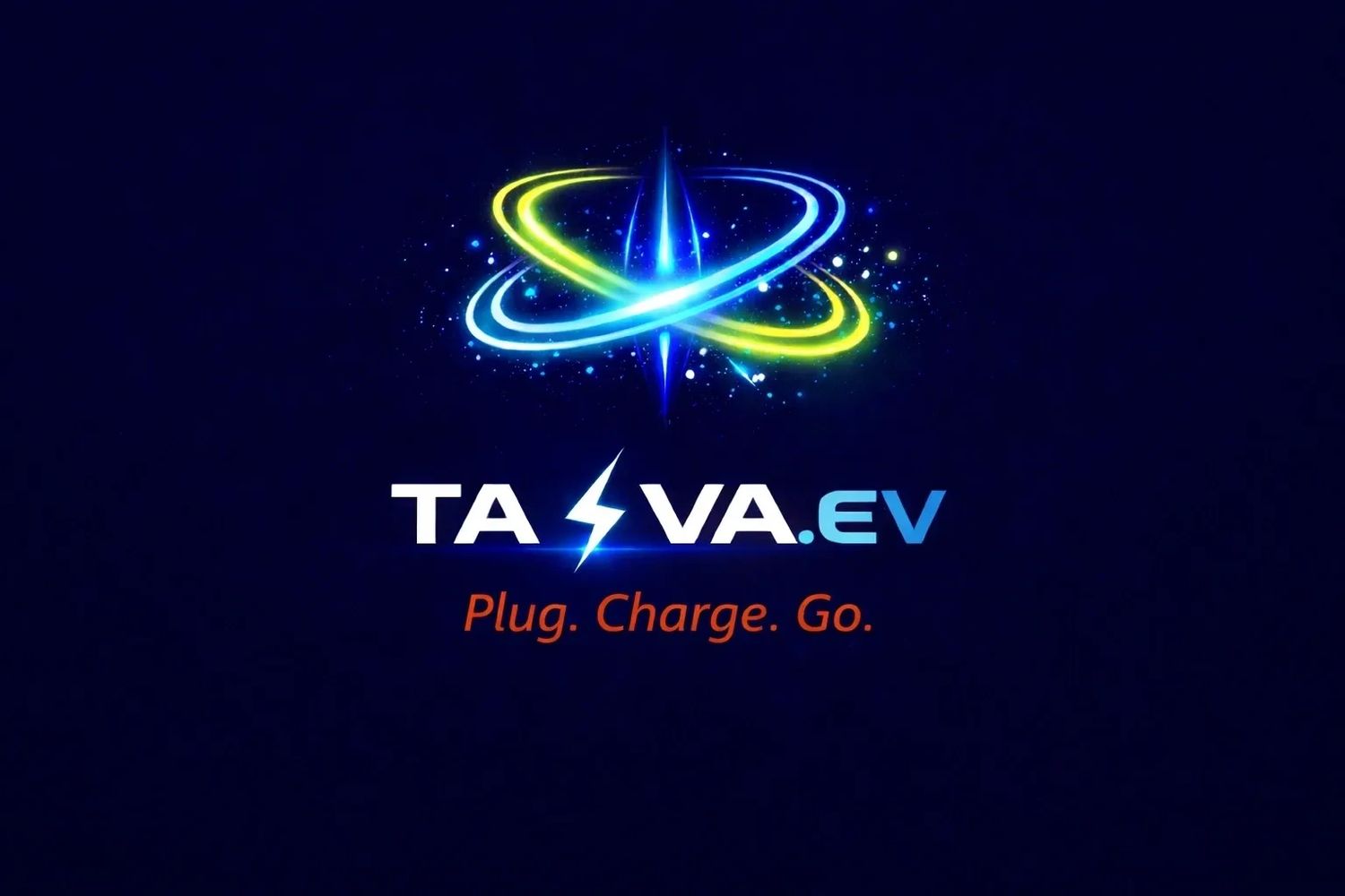TAIYA.EV logo with electric and glowing rings, slogan Plug. Charge. Go.