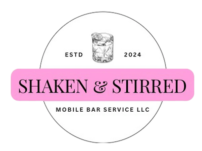 Shaken & Stirred Mobile Bar Service LLC logo with cocktail glass and pink banner.
