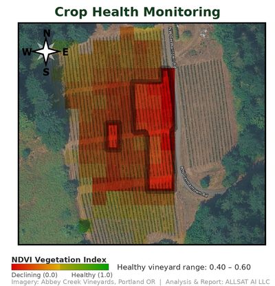 A vineyard map showing crop health using NDVI vegetation index from declining to healthy.