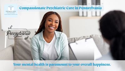 lady smiling looking at physiatrist with primacare logo and PA map 