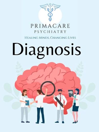 Illustration of mental health diagnosis with professionals examining a brain.