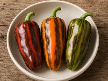 Three striped bell peppers in red, orange, and green on a white plate.