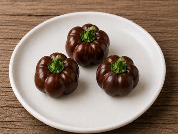 Three small black tomatoes on a white plate.