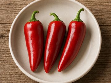 Three red chili peppers on a white plate.